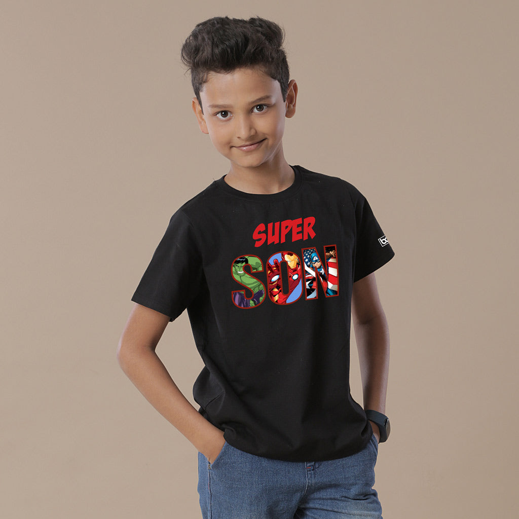 Super Dad/Son , Matching Marvel Black Tees For Dad And Son